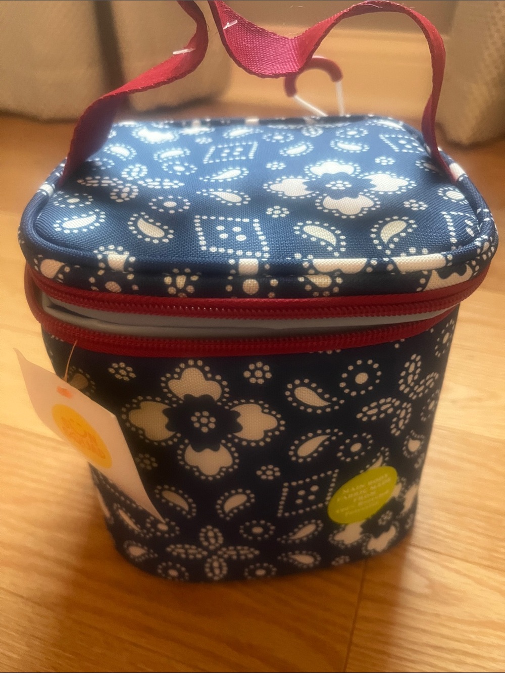Insulated Blue Floral Lunch Bag with Red Handle